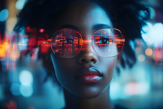Futuristic portrait of a woman with data reflected in her glasse - Powered by Adobe