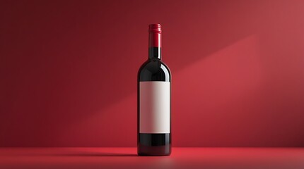 Elegant red wine bottle with blank label displayed on a minimal red pedestal against a red background, perfect for product design, branding, or advertising mockups
