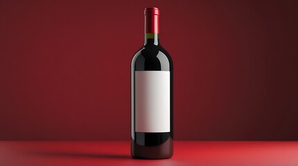 Elegant red wine bottle with blank label displayed on a minimal red pedestal against a red background, perfect for product design, branding, or advertising mockups
