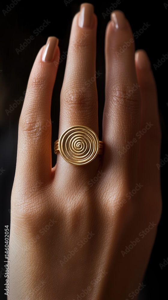 Aufkleber hand with beige nail polish displaying golden ring with textured design against a dark background an