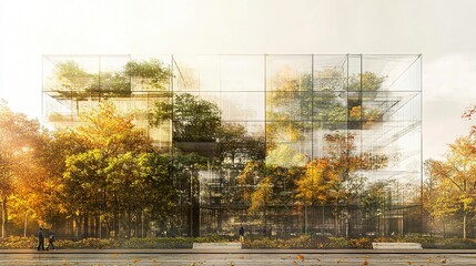 Glass and steel building layered with vibrant green trees in a double exposure, symbolizing the future of sustainable architecture.  
