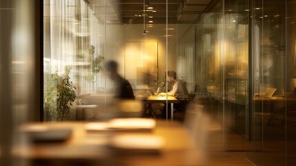 Modern office worker using laptop in a glass enclosed workspace man desk room warm calm light focus