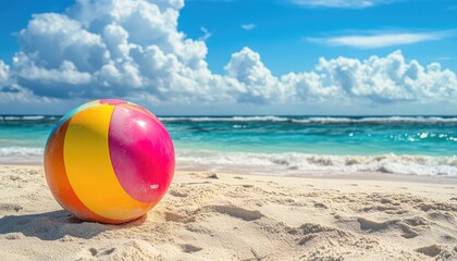 Colorful beach ball on white sand, ocean view. Sunny day