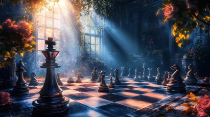 Fototapeta premium A chessboard's dramatic display in a sunlit ruin.