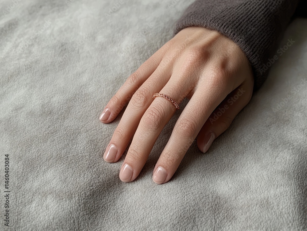 Poster close-up of a woman's hand with a ring resting on a soft gray surface with neutral nail polish. the 