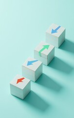 Four small, light-colored wooden blocks, each with a different colored arrow (red, blue, green, and blue) pointing in different directions, arranged in a diagonal line on a light teal background