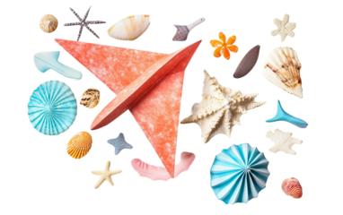 Paper Airplane Soaring Over Beach Gear for a Perfect Vacation Vibe isolated on white background PNG