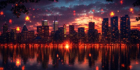 Obraz premium Cityscape Night Skyline Reflections