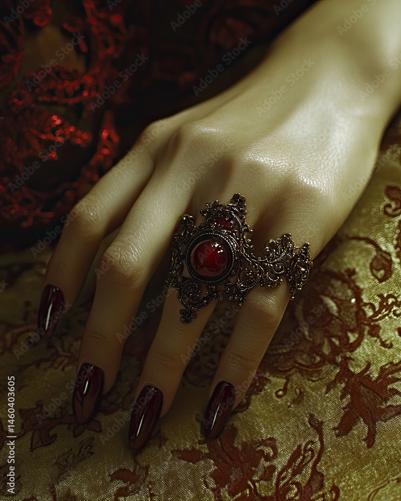 Aufkleber elegant hand with long polished nails adorned with an ornate ring rests on patterned fabric creating