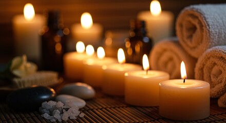 Relaxing Spa Scene with Lit Candles, Towels, and Aromatherapy Elements
