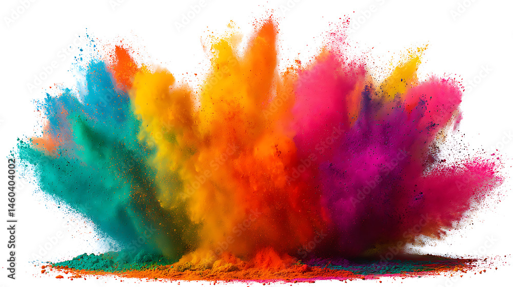 Poster vibrant round explosion of colorful powder isolated on white background with copy space