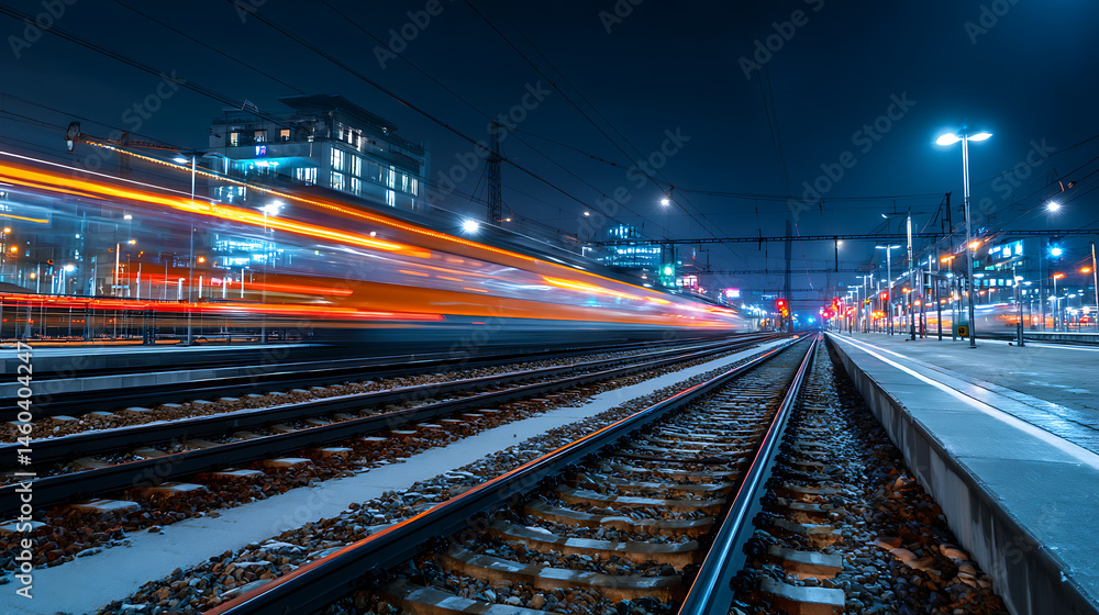 Poster train at night in a city driving in motion with light trails at a railway station