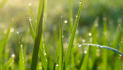 Obraz premium Green stalks grass with drops of morning dew. Dew drops on a grass in the morning