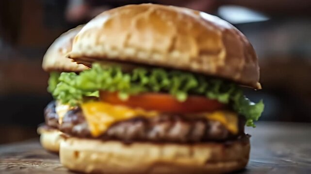 Three Burgers on Wooden Surface with Cheese Tomato and Green Lettuce Close Up
