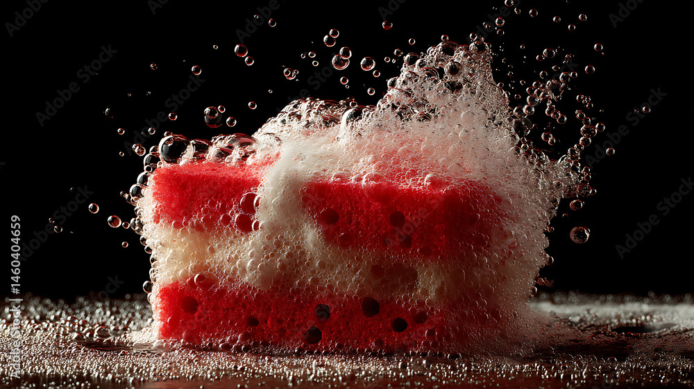 Poster soap foam and red sponge in foam with bubbles isolated on black background