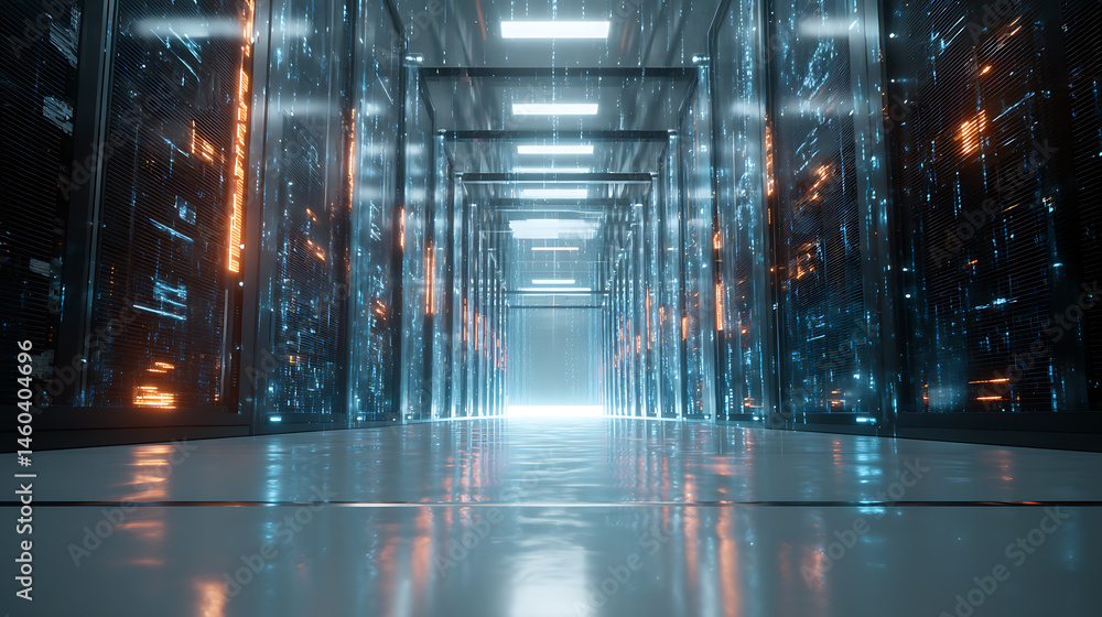 Poster Shot of corridor in working data center full of rack servers and supercomputers with internet connection visualization projection, technology, digital, futuristic, future