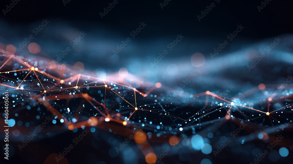 Aufkleber abstract network digital technology background orange blue connections web data dark dots mesh flow