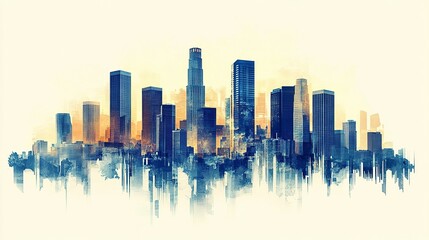 Obraz premium LA skyline with detailed skyscrapers, isolated on white, sharp lines emphasizing the vibrant and modern urban environment. 