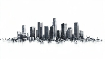 LA skyline with detailed skyscrapers, isolated on white, sharp lines emphasizing the vibrant and modern urban environment.  