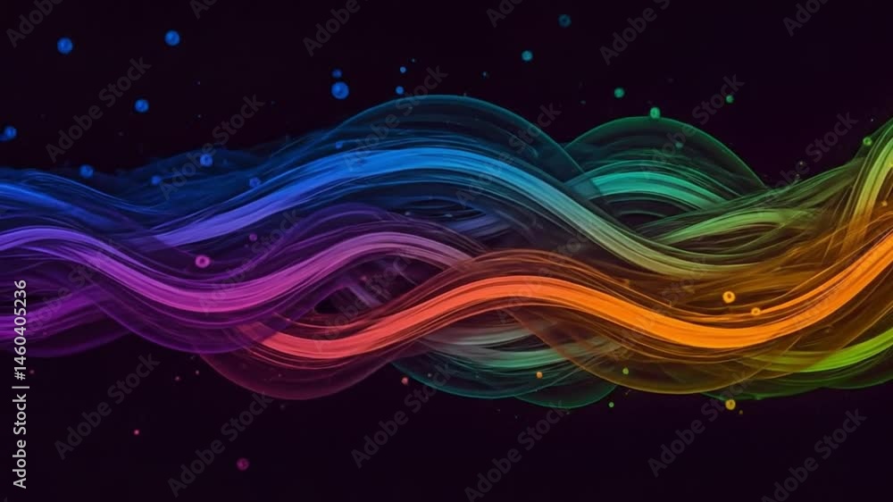 Poster abstract flowing rainbow waves with dark background and floating colorful particles design art