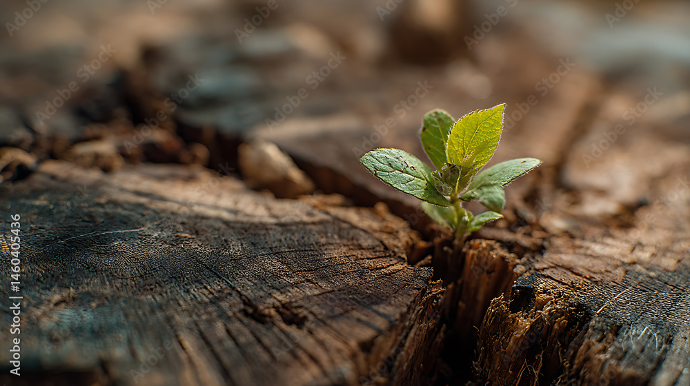 Poster new beginnings concept with small plant sprouting from old tree trunk