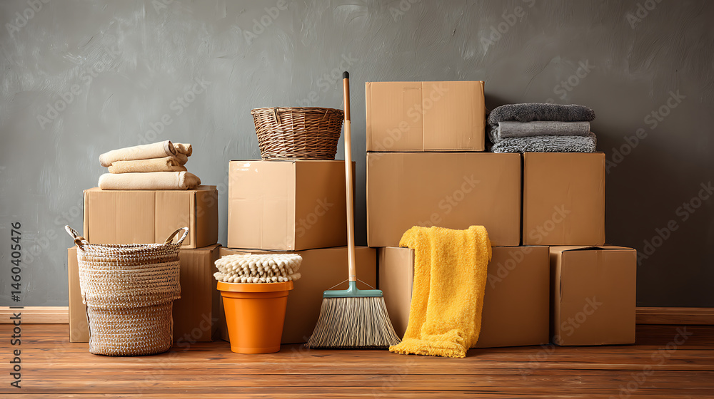 Poster move concept, cardboard boxes and cleaning things for moving into a new home, cardboard boxe backgro
