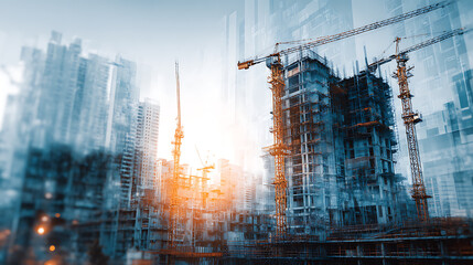 Multi exposure of industrial and building constuction city infrastructure background modern building crane and constrction equipment overlay with building engineering concept