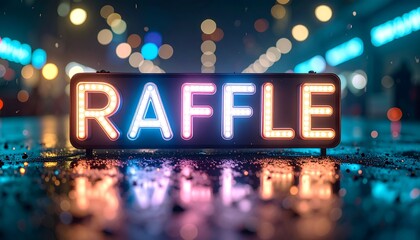 Bright neon sign showcasing the word "Raffle" in a lively, festive atmosphere - AI-generated.