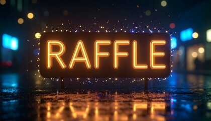 AI-generated vibrant neon display of the word "Raffle" surrounded by a cheerful, celebratory environment.