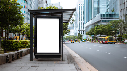 Mockup of blank digital signboard on roadside, empty signboard in city, marketing advertisement placement for you poster, blank billboard poster on bus stop