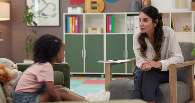 Psychologist, child or talk therapy with psychology evaluation, intellectual assessment or support in office. Psychotherapy, girl patient or doctor with consultation for CBT, autism or adhd diagnosis