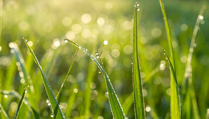 Fototapeta premium Green stalks grass with drops of morning dew. Dew drops on a grass in the morning