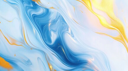 Fototapeta premium Abstract fluid art, swirling light blue, gold accents on a white background. Detailed swirling patterns