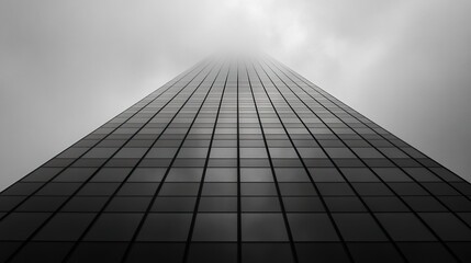 Low-angle shot of a reflective modern skyscraper, glass facade towering into the sky, showcasing urban architectural excellence. 