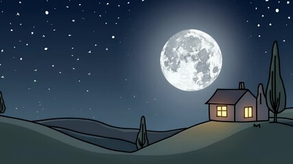 Gently animated 2D scene quiet countryside home glowing moon soft moving stars calming lo fi nighttime landscape