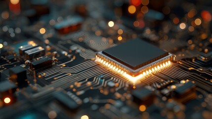 Closeup view of illuminated computer circuit board processor technology chip dark data black macro