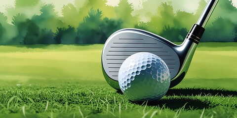 Close-up of a golf club and golf ball on a lush green course under bright daylight, capturing the precision, focus, and outdoor serenity of professional or recreational golfing

