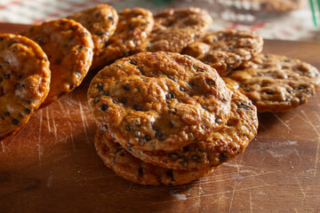 A view of a stack of Japanese rice crackers.