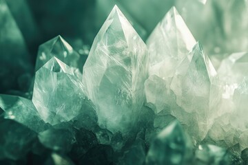 Fototapeta premium Close-up of a cluster of translucent, teal-green crystals with sharp, geometric facets.