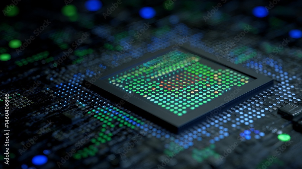 Poster abstract technology background green circuit board microchip digital blue data dots dark grid light