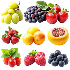 Modern Vibrant Collage of Assorted Fruit and Berries Isolated on Transparent Background