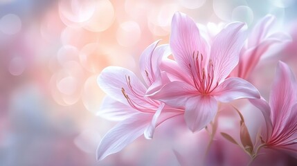 Fototapeta premium Delicate pink lilies in soft focus, bathed in pastel light.