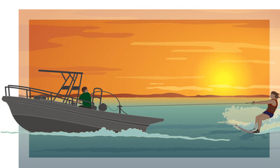 water skiing, female skier pulled behind by a speed boat over open water with a beautiful sunset in the background