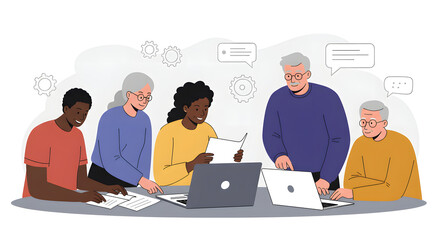Vector Illustration. Diverse Group of Multiethnic Young and Senior Adults Finding a Solution to a Team Assignment, Undergoing Workforce Training Program for Improving Skills of Employees and Prospecti