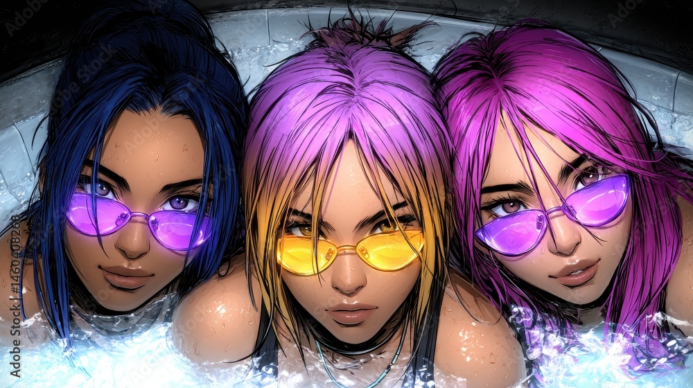 Poster vibrant vintage scene featuring three stylish characters in a dramatic pool setting with a pop art a
