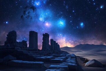Ancient ruins under a starlit sky
