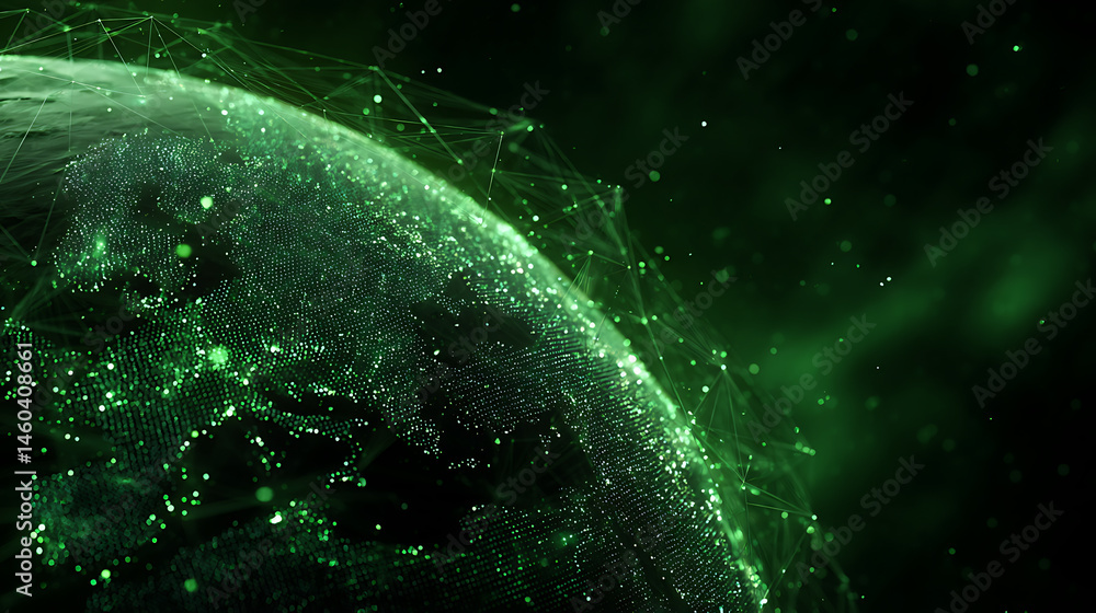 Poster virtual planet earth with particles and lines, network connection big data, abstract technology gree