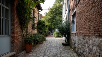 Fototapeta premium A narrow cobblestone alleyway lined with charming old buildings inviting explorers to wander through history and discover hidden gems.