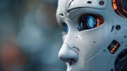 Fototapeta premium Closeup of futuristic robot face with glowing blue eyes advanced technology artificial intelligence