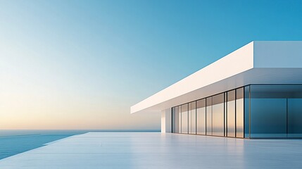 Minimalist white building with expansive glass, sharp lines and a clean backdrop, ideal for contemporary real estate or design visuals.  